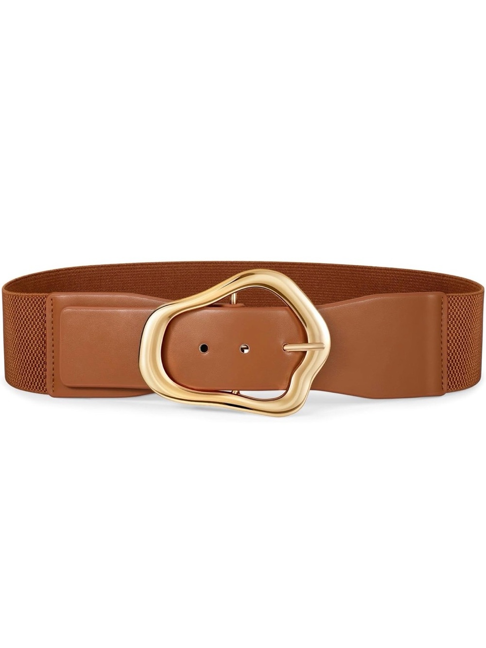 Wide Elastic Waist Belt with Gold Heart Buckle - Rust